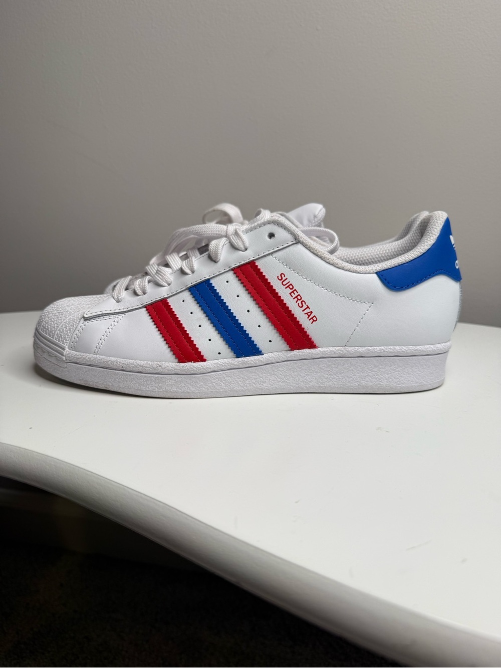 adidas Superstar White with Red & Blue Stripes